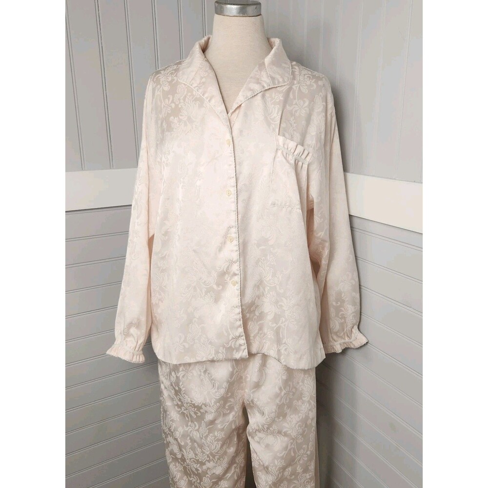 Oscar de La Renta Pink Floral Jacquared Satin PJ Set Womens L Vintage Old Money